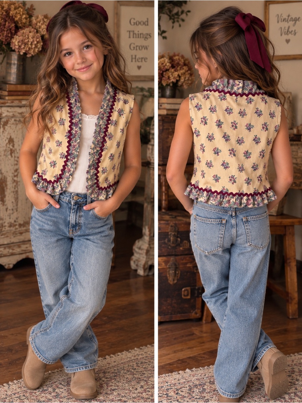 VINTAGE 70s 80s Girls Size 10 Floral Ruffle Vest Prairie Cottagecore